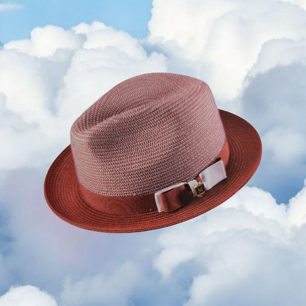 MONTIQUE MENS CRIMSON BRAIDED TWO TONE STINGY BRIM PINCH FEDORA HAT. H68.